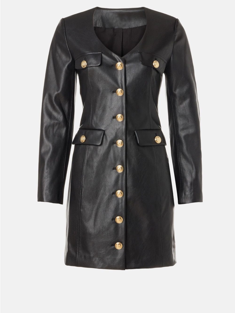 Derek Lam Black Faux Leather Button-Front Coat Dress with Gold Buttons